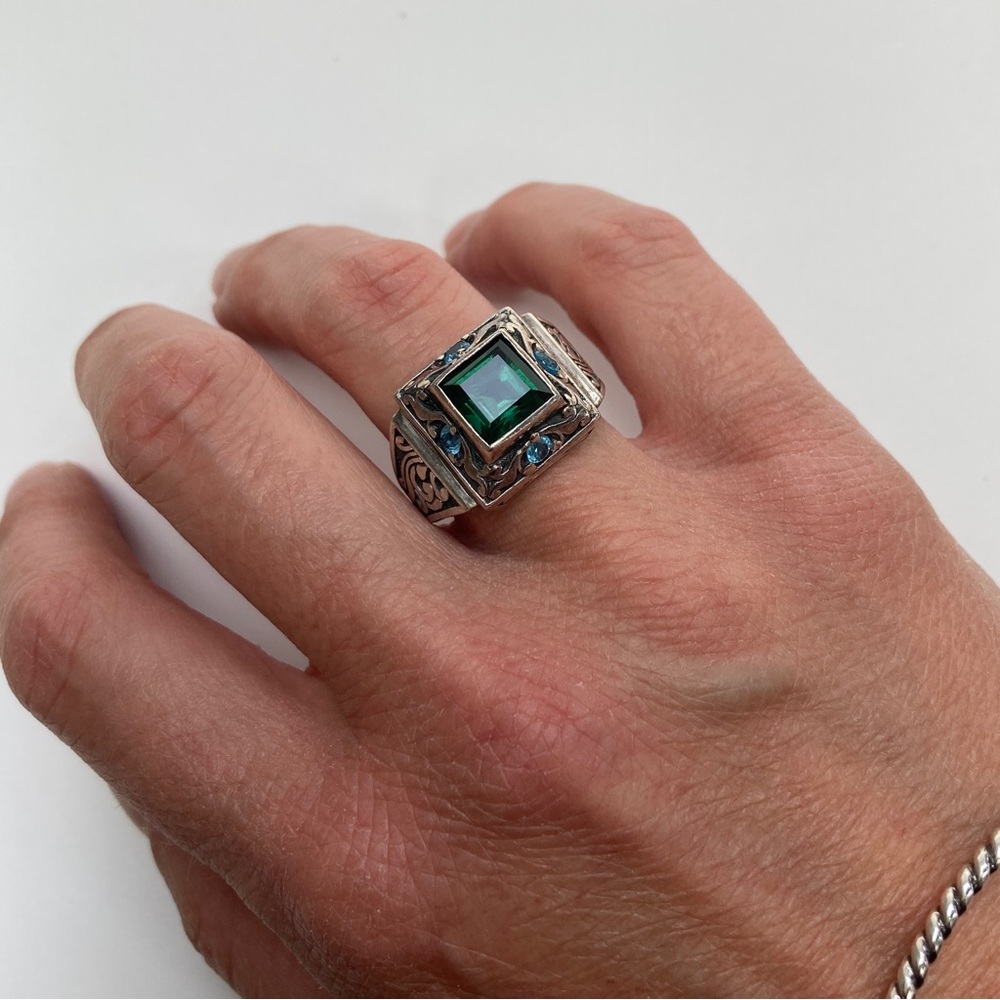 Sterling silver, blue topaz and green gemstone ring